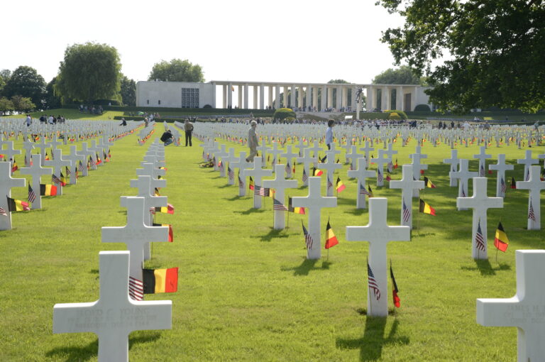 An American and Belgian flag were placed at every headstone for Memorial Day 2018 at Henri-Chapelle American Cemetery. Image courtesy of U.S. Embassy Belgium.