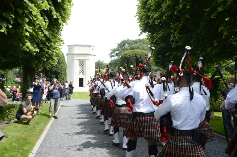 The Nassau County Pipes & Drums participated in the 2018 Memorial Day Ceremony at Flanders Field American Cemetery in Belgium. Image courtesy of U.S. Embassy Belgium.