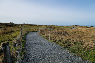 Gravel pathway lined by a rudimentary fence.