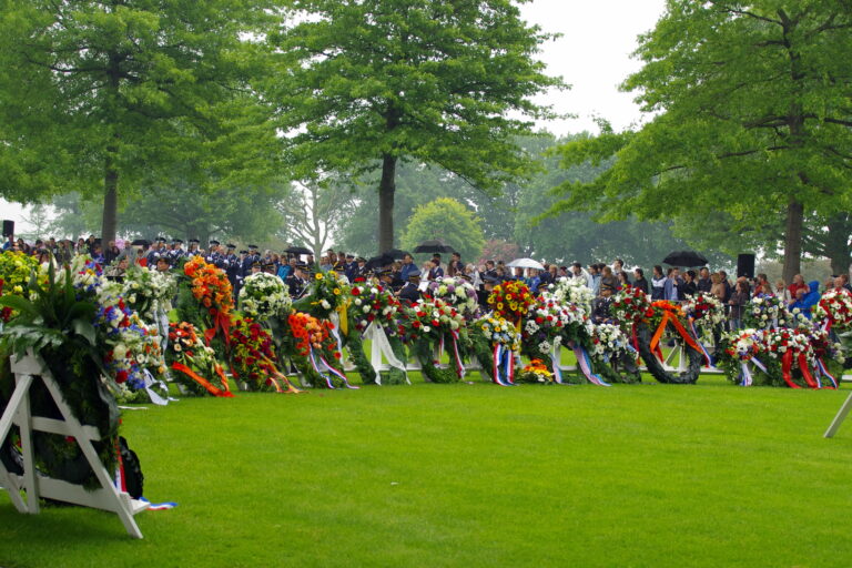 Many wreaths were laid during the 2016 Memorial Day Ceremony at Netherlands American Cemetery. Image courtesy of Wim Koops.