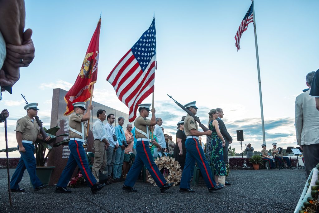 Multinational service members, veterans, Solomon Islands government leaders, members of the diplomatic community, and civilians attend the 83rd Anniversary of the Battle of Guadalcanal Ceremony at the Guadalcanal American Memorial in Honiara, Solomon Islands, Aug. 7, 2025. The ceremony commemorated the 83rd anniversary of the battle and served to honor the fallen and strengthen the U.S. relationship with the Solomon Islands and other Pacific allies and partners. The historic battle was codenamed Operation Watchtower and was the first major offensive and decisive victory for Allied forces in the Pacific theater. (U.S. Marine Corps photo by Cpl. Anita Ramos)