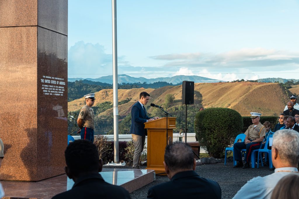 Ryan Blum, the Superintendent of American Battle Monuments Commission, gives a speech during the 83rd Anniversary of the Battle of Guadalcanal Ceremony at the Guadalcanal American Memorial in Honiara, Solomon Islands, Aug. 7, 2025. The ceremony commemorated the 83rd anniversary of the battle and served to honor the fallen and strengthen the U.S. relationship with the Solomon Islands and other Pacific allies and partners. The historic battle was codenamed Operation Watchtower and was the first major offensive and decisive victory for Allied forces in the Pacific theater. (U.S. Marine Corps photo by Cpl. Anita Ramos)
