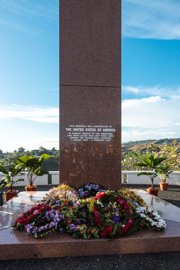 Wreaths lay at the foot of the Guadalcanal American Memorial following the 83rd Anniversary of the Battle of Guadalcanal Ceremony at the Guadalcanal American Memorial in Honiara, Solomon Islands, Aug. 7, 2025. The ceremony commemorated the 83rd anniversary of the battle and served to honor the fallen and strengthen the U.S. relationship with the Solomon Islands and other Pacific allies and partners. The historic battle was codenamed Operation Watchtower and was the first major offensive and decisive victory for Allied forces in the Pacific theater. (U.S. Marine Corps photo by Cpl. Anita Ramos)