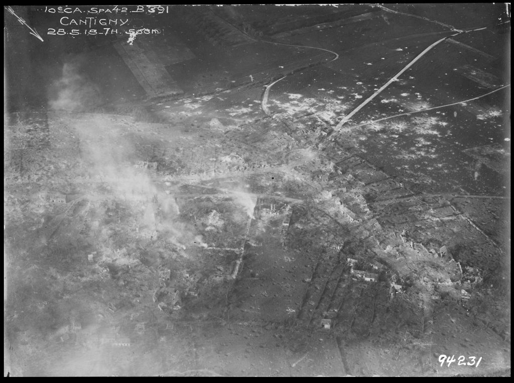 Picture of the vestiges of the original town site of Cantigny taken May 28, 1918. Credit: Escadrille SPA 42.