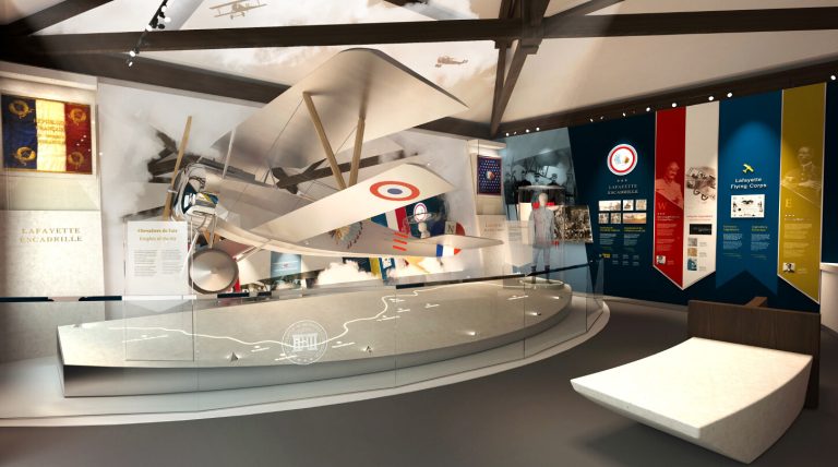 A Nieuport 17 replica, at the Lafayette Escadrille Memorial Cemetery Visitor Center helps share the story of America's first combat aviators from WWI. (ABMC photo)