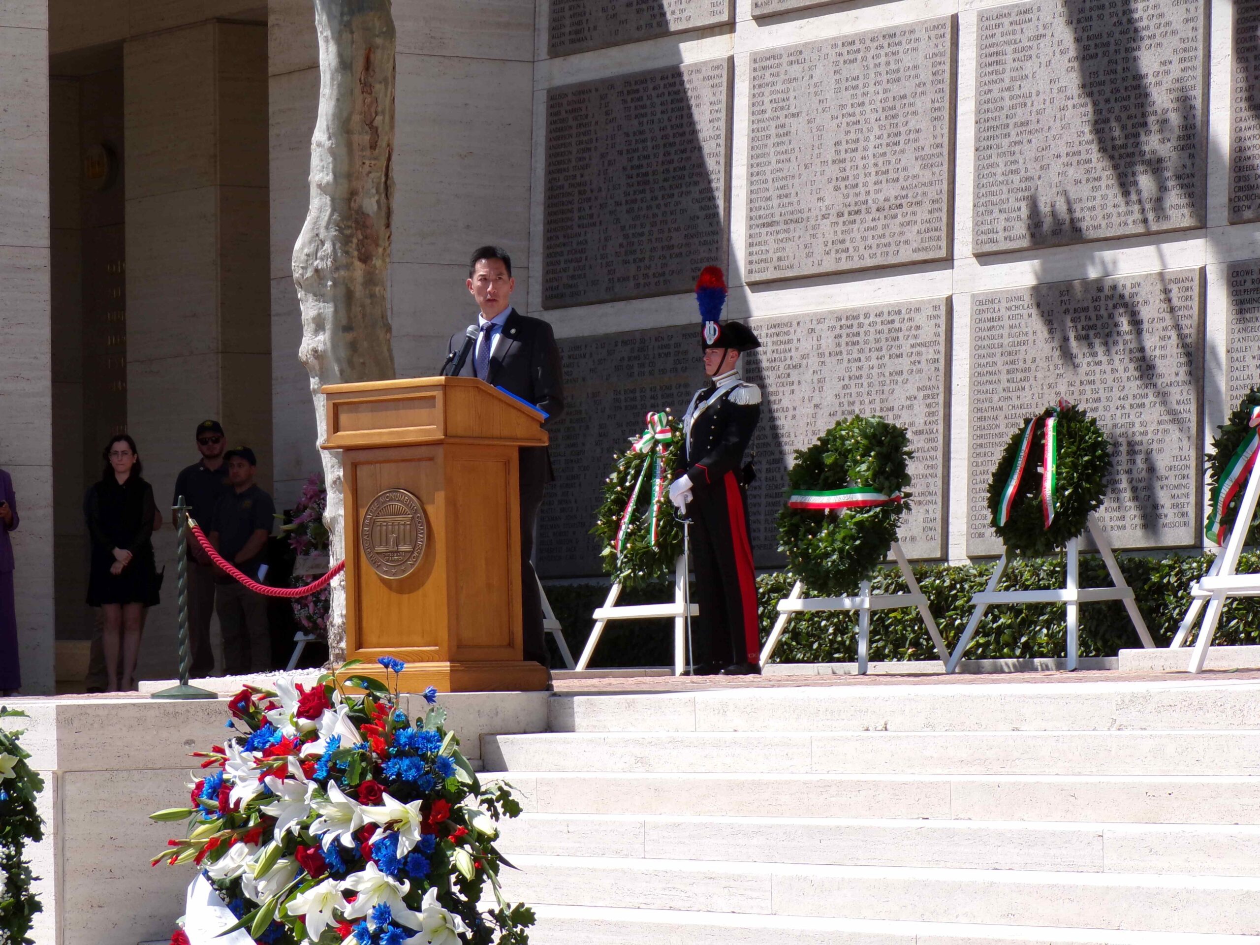 ABMC Secretary Charles K. Djou provides remarks at Florence American Cemetery on Memorial Day, May 27, 2024.