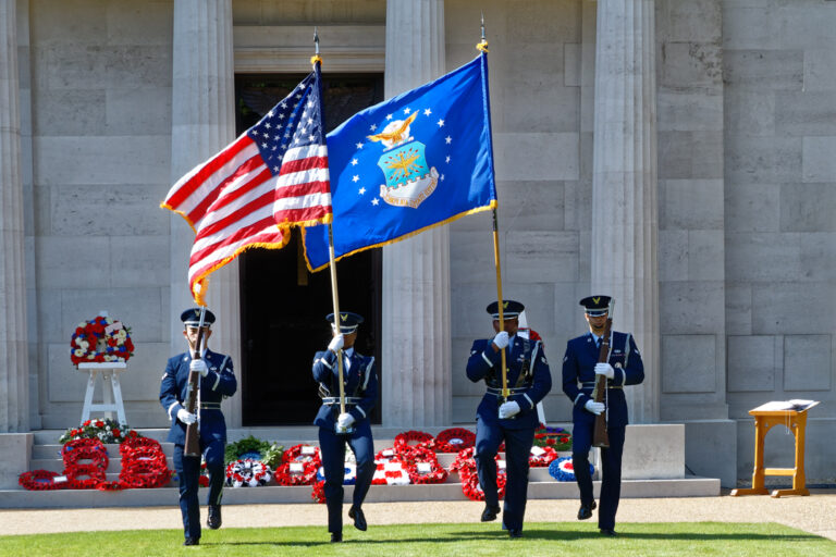 An American Honor Guard participates in the 2018 Memorial Day Ceremony at Brookwood American Cemetery. Image courtesy of Antony McCallum.