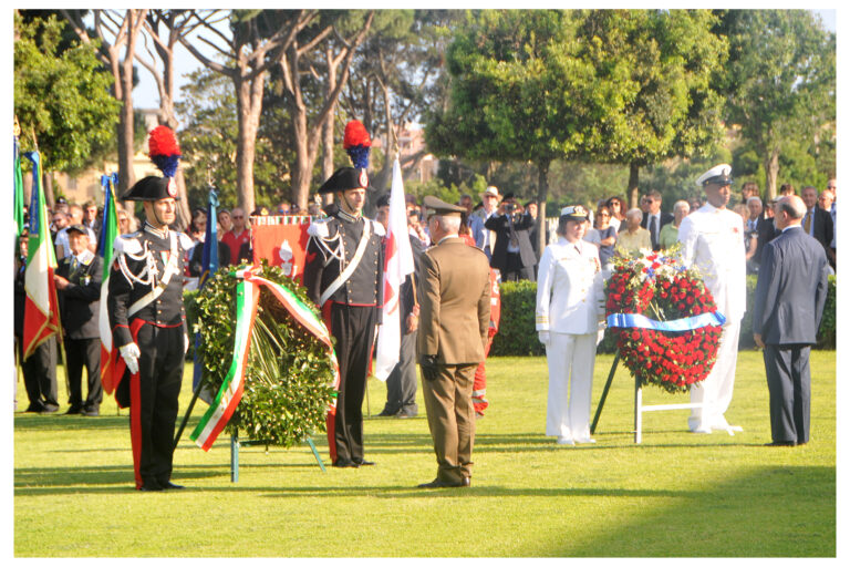 Large floral wreaths were laid during the 2018 Memorial Day Ceremony at Sicily-Rome American Cemetery. Image courtesy of Raniero Avvisati.