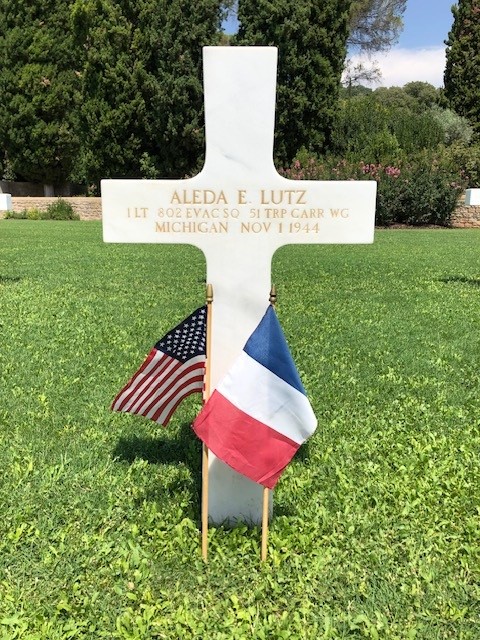 Picture of 1st Lt. Aleda Lutz’s headstone at Rhone American Cemetery. Credits: American Battle Monuments Commission. Picture of 1st Lt. Aleda Lutz’s headstone at Rhone American Cemetery. Credits: American Battle Monuments Commission.