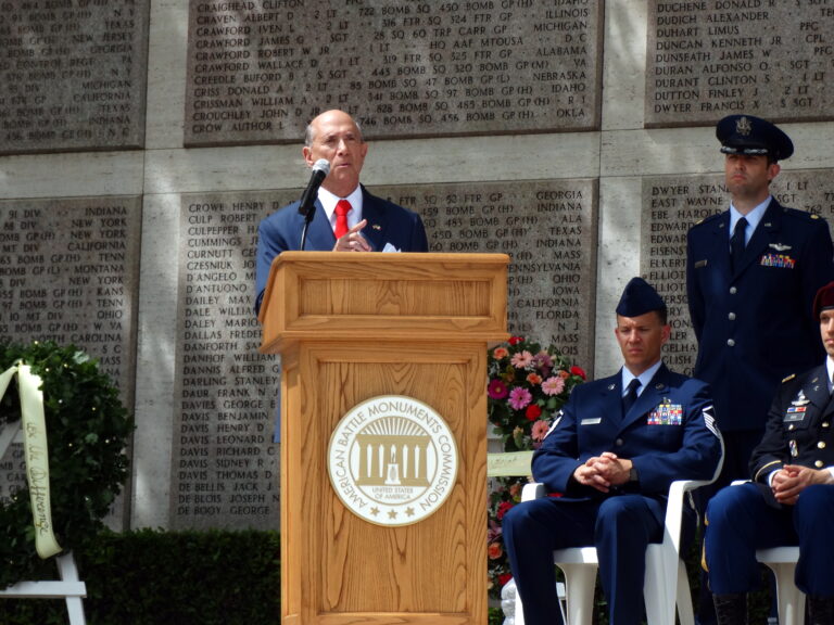 U.S. Ambassador to the Italian Republic Lewis M. Eisenberg delivers remarks during the 2018 Memorial Day Ceremony at Florence American Cemetery.