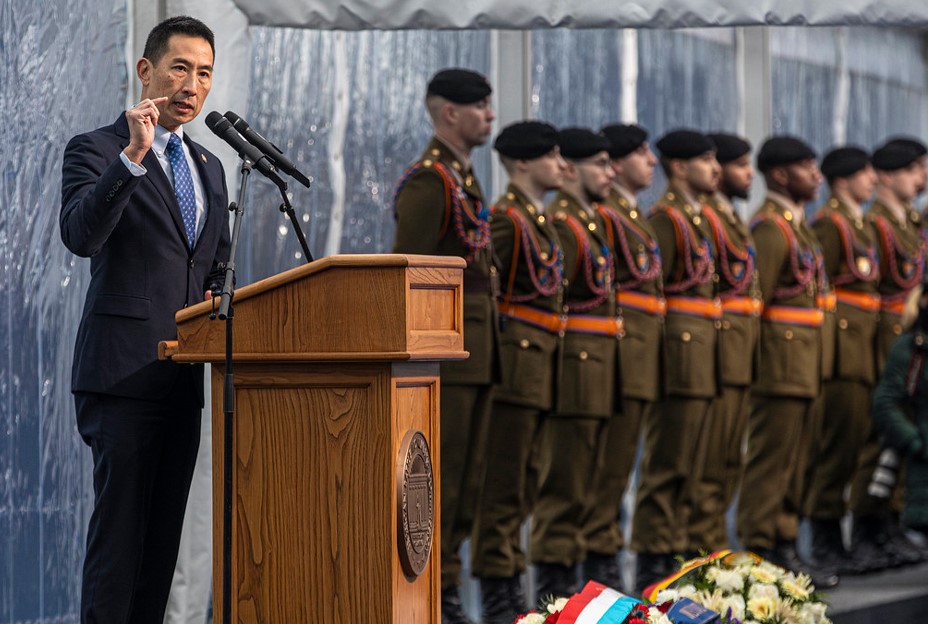 ABMC Secretary Charles K. Djou delivering remarks at the 80th anniversary of the Battle of the Bulge at Luxembourg American Cemetery. ABMC Secretary Charles K. Djou delivering remarks at the 80th anniversary of the Battle of the Bulge at Luxembourg American Cemetery.