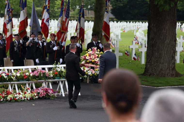 Many floral wreaths were laid during the 2017 Memorial Day Ceremony at Brittany American Cemetery.