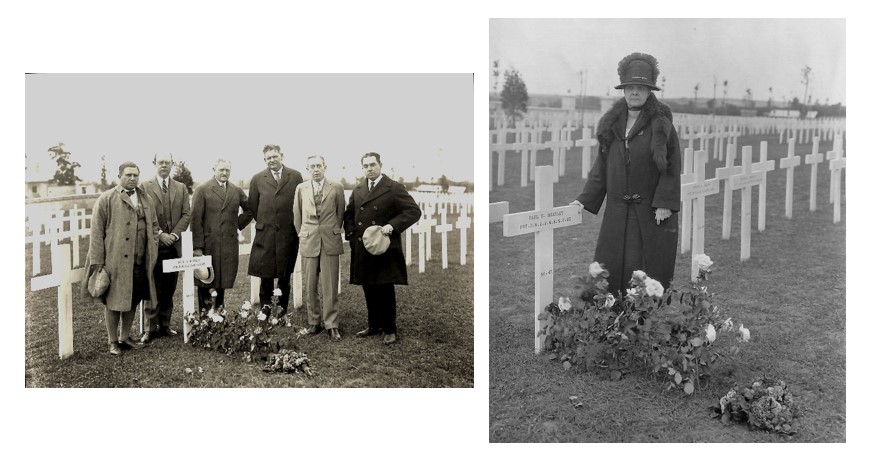 On the left, picture of Gen. Pershing along with ABMC Commissioners visiting Paul Cody Bentley’s grave. On the right, picture of Josephine L. Cody Bentley, the first female Commissioner to be appointed at ABMC, in front of the grave of her son at Oise-Aisne American Cemetery. Credit: Oise-Aisne American Cemetery’s archives.