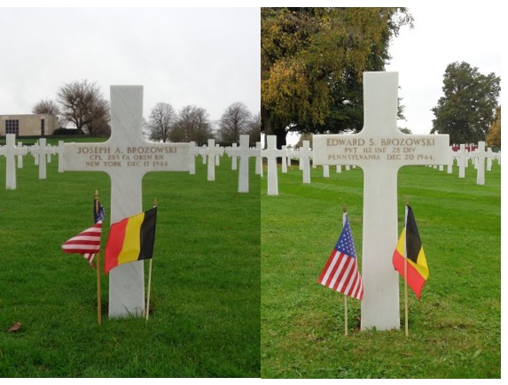 Pictures of the headstones of Cpl. Joseph A. Brozowski and his brother, Pvt. Edward S. Brozowski. Credit: American Battle Monuments Commission.