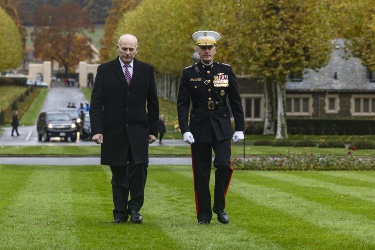 Chairman of the Joint Chiefs of Staff Gen. Joseph Dunford and White House Chief of Staff John Kelly paid their respects at Aisne-Marne American Cemetery in France on November 10