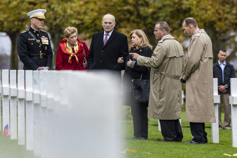 Aisne-Marne American Cemetery Superintendent Jim Bertelson gives a tour of the cemetery to Chairman of the Joint Chiefs of Staff Gen. Joseph Dunford and White House Chief of Staff John Kelly and their guests on November 10