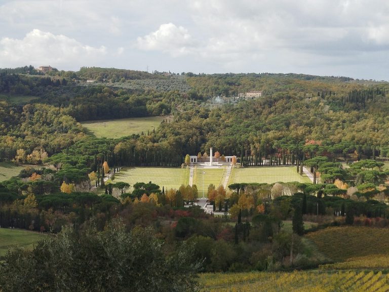 View of Florence American Cemetery in autumn from hills of Impruneta, Tuscany.