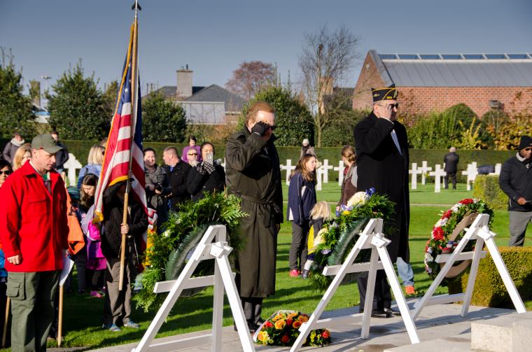 Floral wreaths were laid during the 2016 Veterans Day Ceremony at Flanders Field American Cemetery.  Image courtesy of Philippe Vanderdonckt.