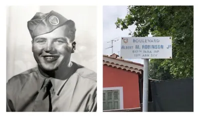 Two photos side by side. The first a headshot of 2nd Lt. Albert Robinson in uniform. The second, the street sign in Draguignan, France, that bears his name.