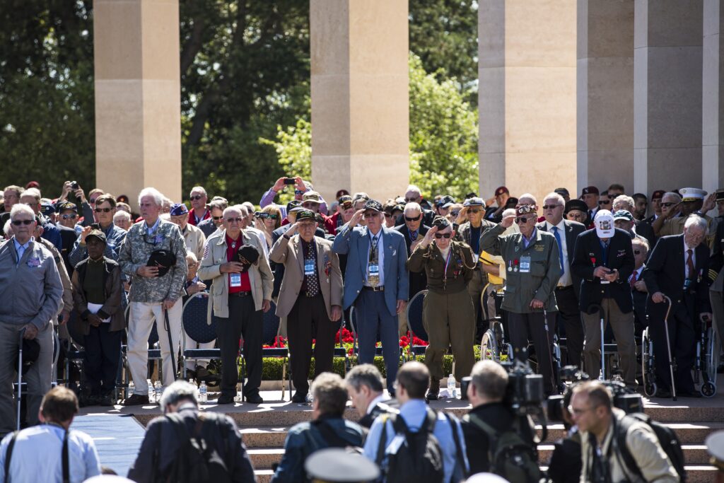 World War II veterans stand during the ceremony for the 70th anniversary of D-Day at Normandy American Cemetery.