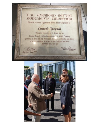Denis Jacquat talking to U.S. Ambassador to France Denise Bauer on Memorial Day 2023 at St. Mihiel American Cemetery. Credit: American Battle Monuments Commission. 