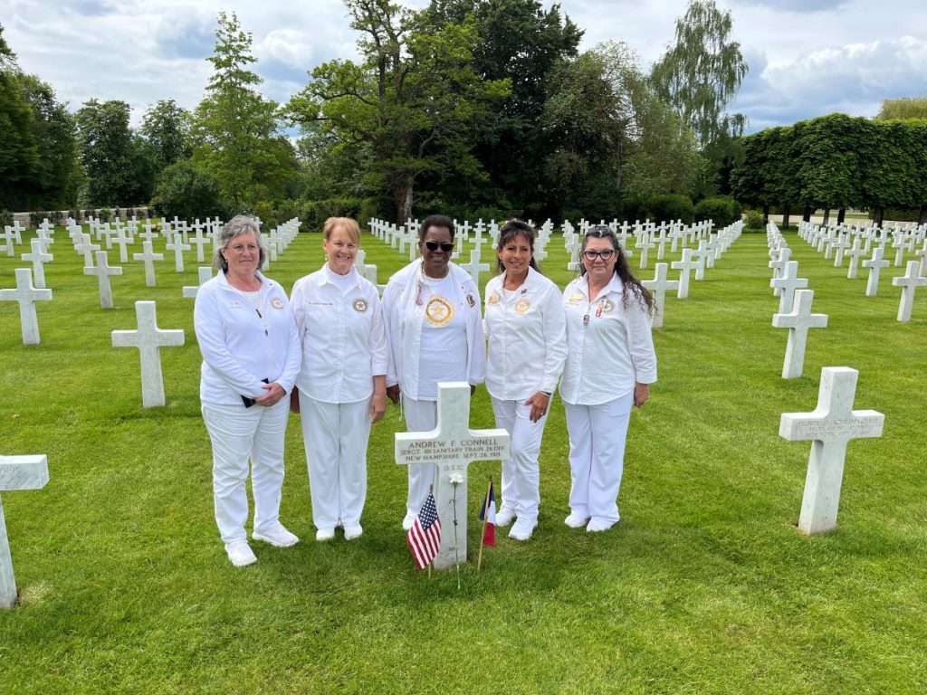 Carrie Farley, Jennifer Jackman, Mona Gunn, Joyce Paulsen, and Teresa Bullock visit the grave of Sgt. Andrew F. Connell at St. Mihiel American Cemetery May 17, 2026. (ABMC photo)