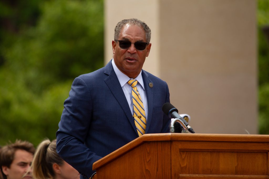 Picture of ABMC Chairman Michael X. Garrett delivering his remarks at Normandy American Cemetery for the 82nd anniversary of D-Day. Credit: American Battle Monuments Commission.