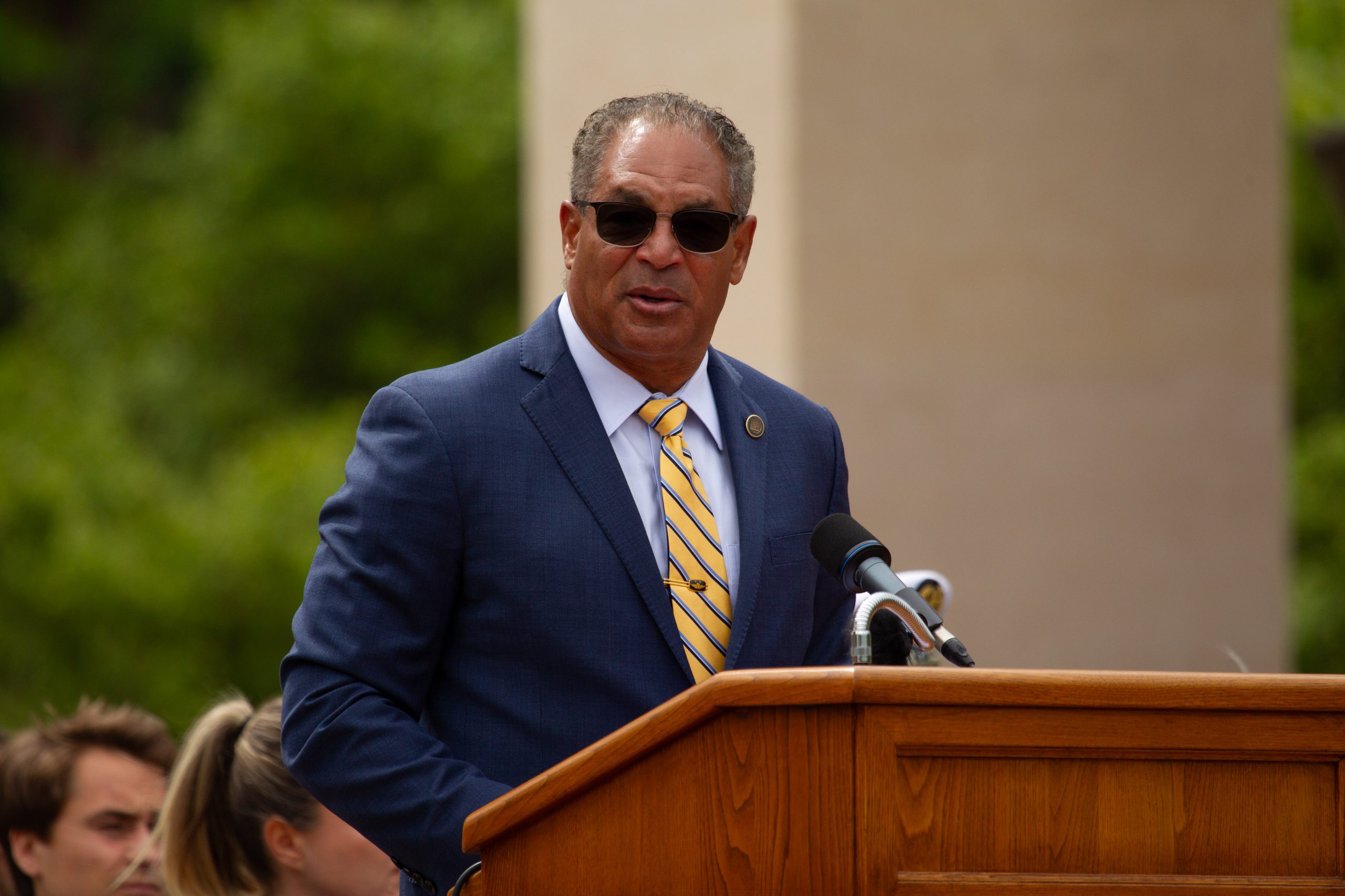 Picture of ABMC Chairman Michael X. Garrett delivering his remarks at Normandy American Cemetery for the 82nd anniversary of D-Day. Credit: American Battle Monuments Commission.