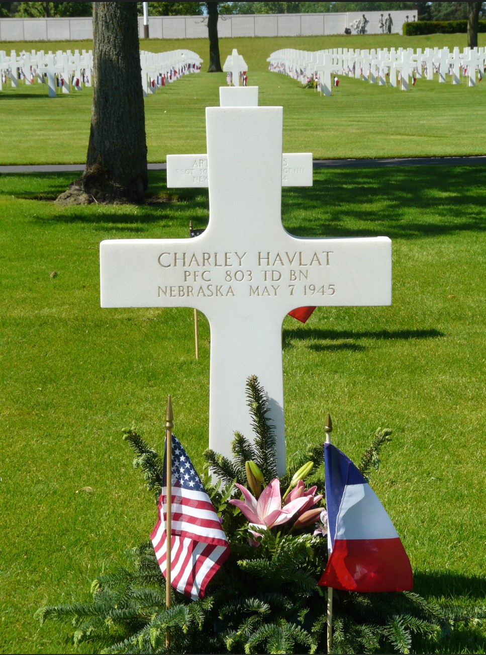 Picture of the headstone of Pfc. Charley Havlat at Lorraine American Cemetery. Credit: American Battle Monuments Commission.
