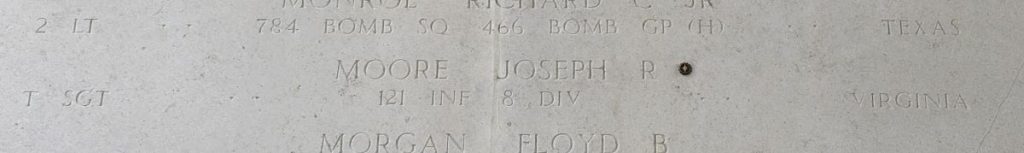 Tech Sgt. Joseph R. Moore memorialized on the Walls of the Missing at Henri-Chapelle American Cemetery.