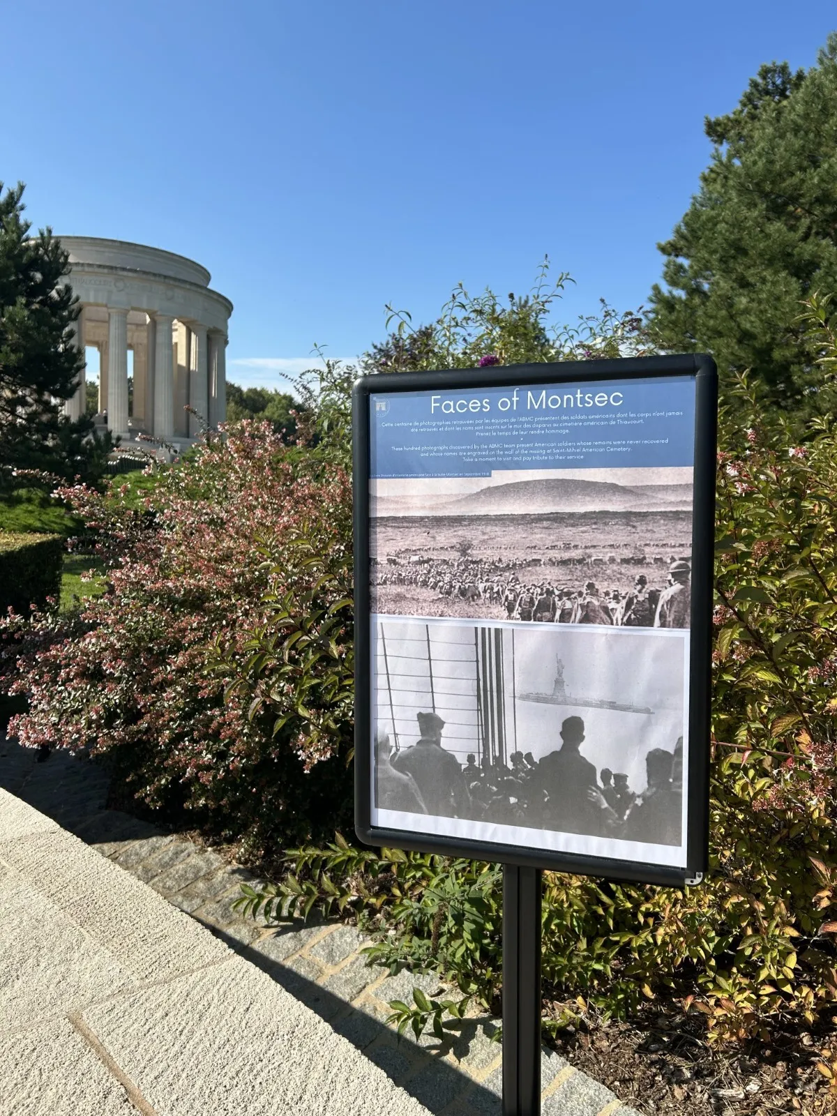 “Faces of Montsec” at Montsec Monument. Pictures of service members who died in the area were displayed at the site. Credits: American Battle Monuments Commission.