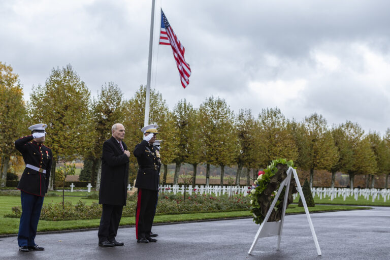 Chairman of the Joint Chiefs of Staff Gen. Joseph Dunford and White House Chief of Staff John Kelly laid a floral wreath during their visit to Aisne-Marne American Cemetery on November 10