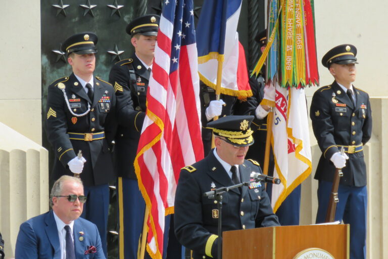 An Army officer delivers remarks during the 2017 Memorial Day Ceremony at Somme American Cemetery.