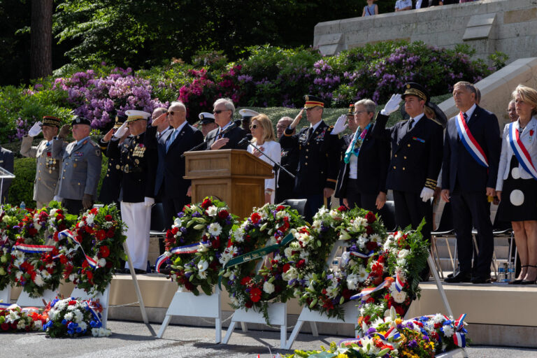 Members of the official party stand during the ceremony at Aisne-Marne American Cemetery. Photo credit: Julien Nguyen-Kim/American Battle Monuments Commission.