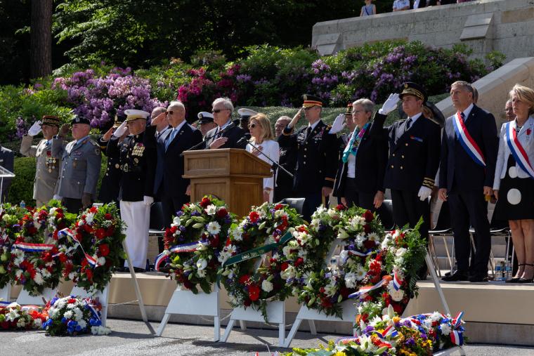 Members of the official party stand during the ceremony at Aisne-Marne American Cemetery. Photo credit: Julien Nguyen-Kim/American Battle Monuments Commission.