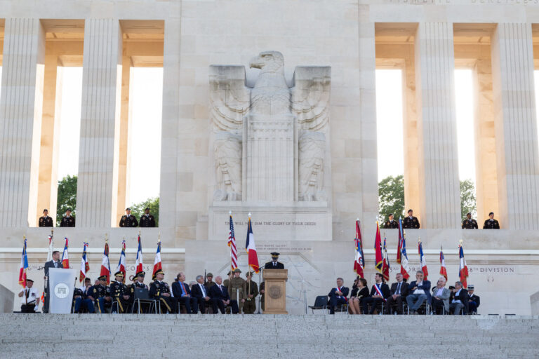 Speakers delivered remarks during the dedication ceremony for the new visitor center at the Chateau-Thierry American Monument on May 27