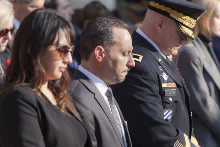 American Ambassador to Tunisia Daniel Rubenstein bows his head during the 2018 Veterans Day Ceremony at North Africa American Cemetery.