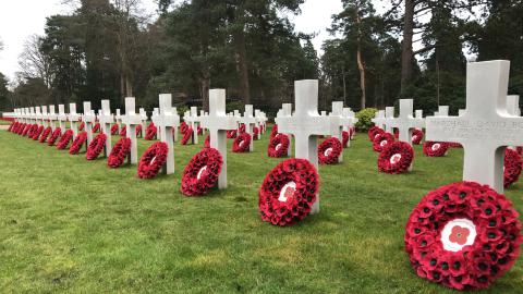 Poppy wreaths decorate the graves at Brookwood American Cemetery to mark the conclusion of ABMC's centennial year