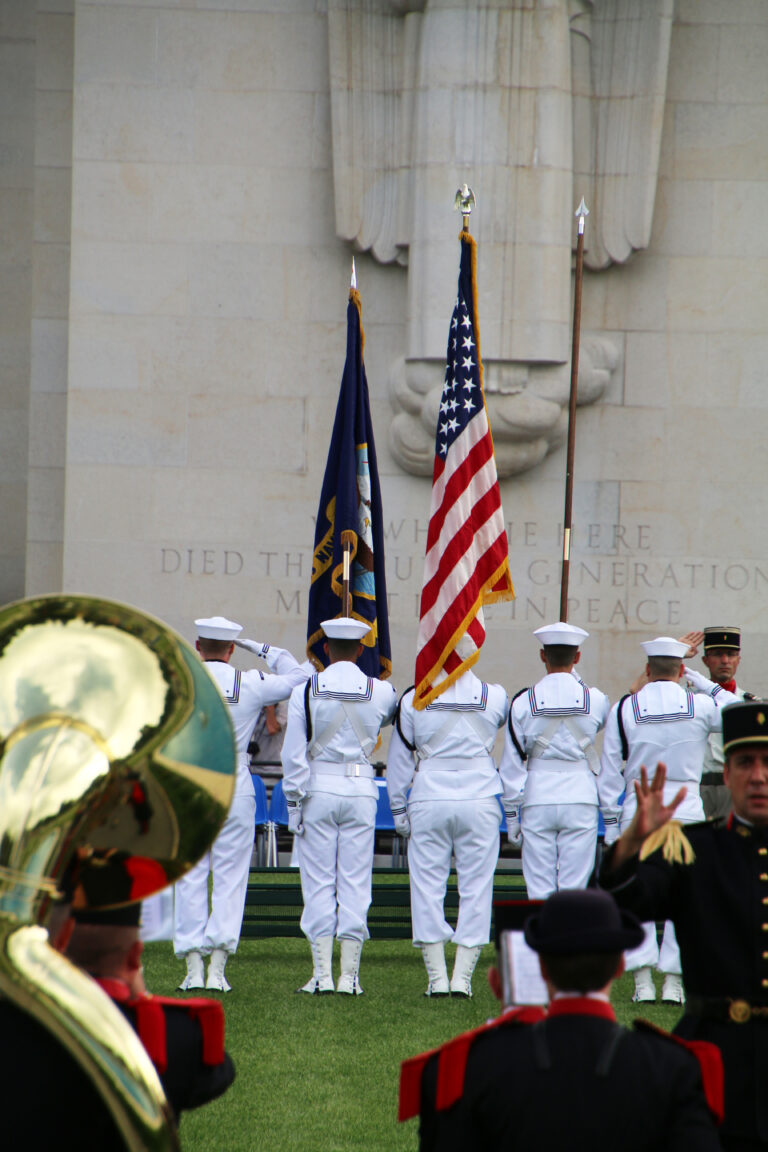 An American Honor Guard participates in the 2018 Memorial Day Ceremony at Rhone American Cemetery in France. Image courtesy of Michel Delannoy.