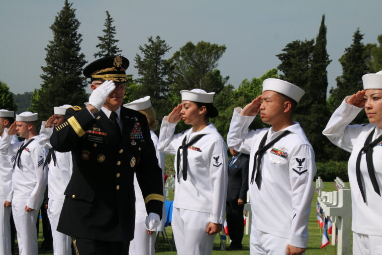 Members of the American military participated in the 2018 Memorial Day Ceremony at Rhone American Cemetery. Image courtesy of Michel Delannoy.