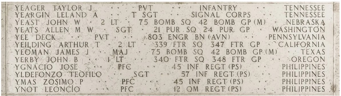 Picture of the name of Sgt. Teofilo Yldefonzo on the Walls of the Missing at Manila American Cemetery. Credit: American Battle Monuments Commission.