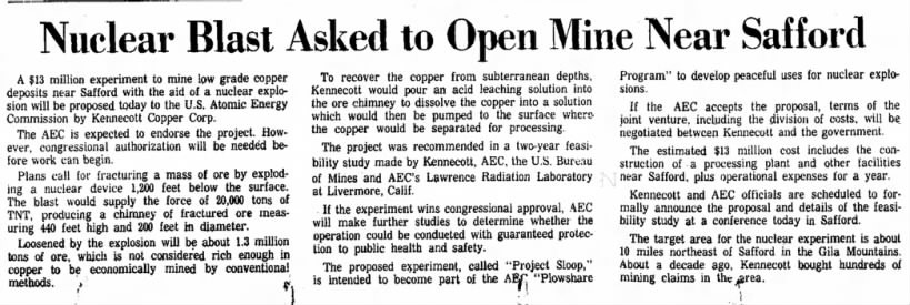 A newspaper article about opening a mine near Safford, Arizona in 1967. Arizona Republic, October 11, 1967.