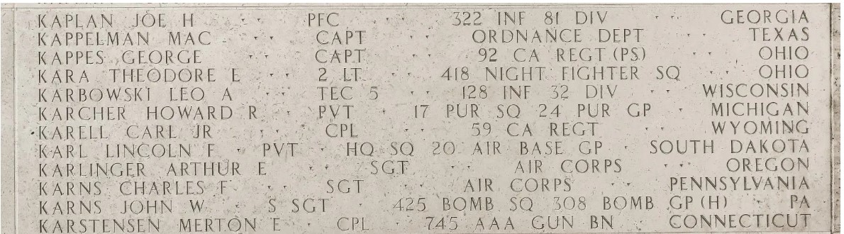 Picture of the name of 2nd Lt. Theodore E. Kara on the Walls of the Missing at Manila American Cemetery. Credit: American Battle Monuments Commission.