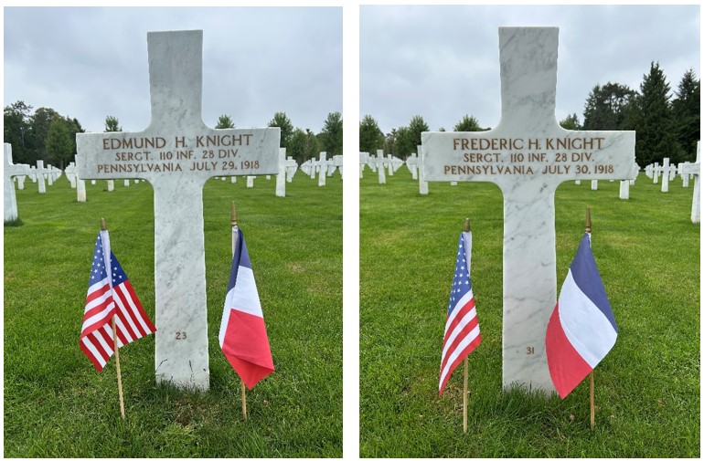 Picture of the headstones of Edmund and Frederic Knight at Oise-Aisne American Cemetery. Credit: American Battle Monuments Commission.