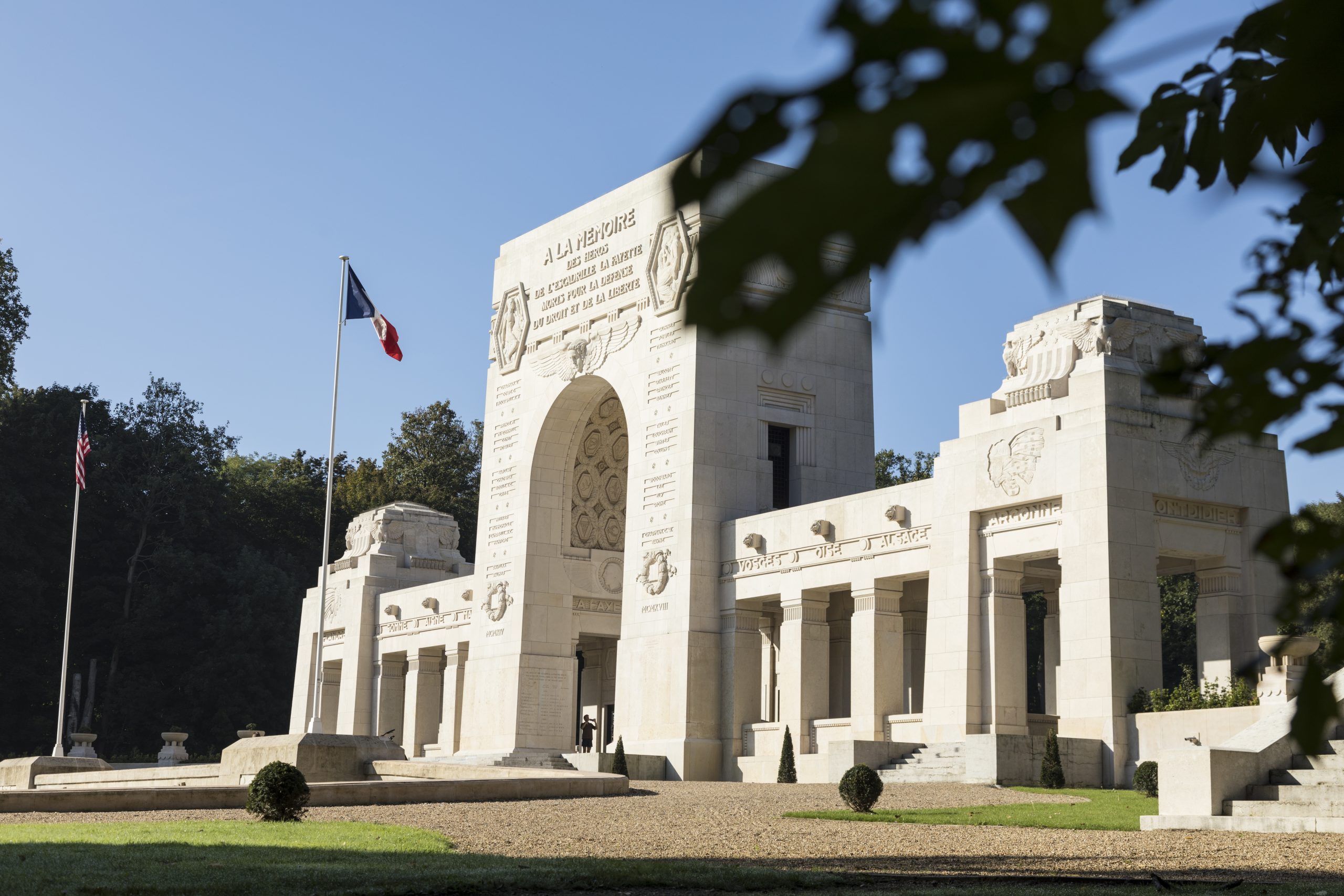 Picture of Lafayette Escadrille Memorial Cemetery with the two U.S. flags. Credit: American Battle Monuments Commission.