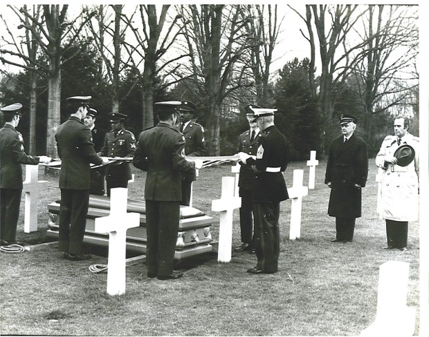 Burial of Pvt. Howard A. Heil at St. Mihiel American Cemetery Jan. 21, 1972. The superintendent, Donald J. Keefe, is standing on the far right in a black coat. Credit: St. Mihiel American Cemetery's archives.