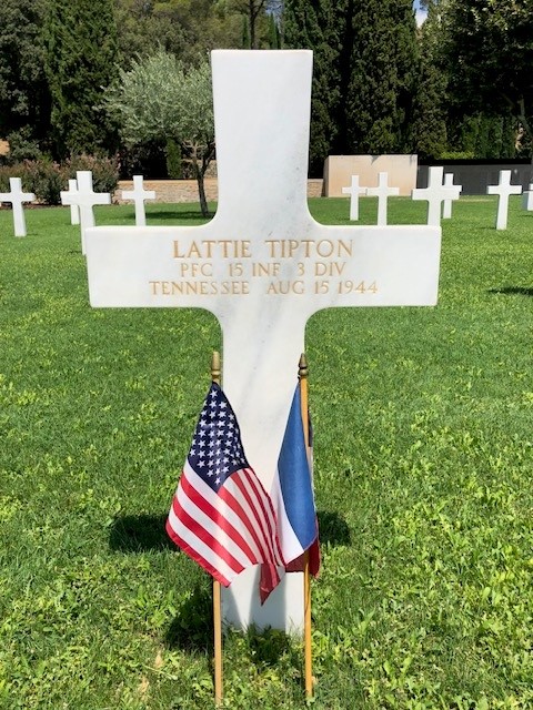 Picture of Pfc. Lattie Tipton’s headstone at Rhone American Cemetery. Credits: American Battle Monuments Commission. Picture of Pfc. Lattie Tipton’s headstone at Rhone American Cemetery. Credits: American Battle Monuments Commission.