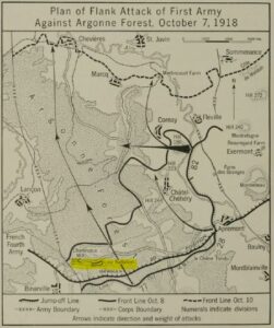 Plan of Flank Attack of First Army Against Argonne Forest. The area the Lost Battalion will be trapped is highlighted in yellow.
