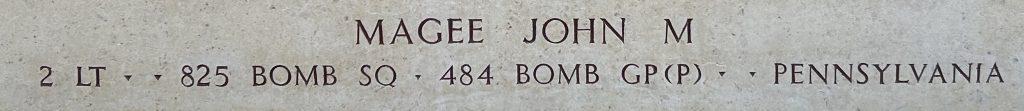 Second Lt. John M. Magee's name on the Wall of the Missing at Epinal American Cemetery.