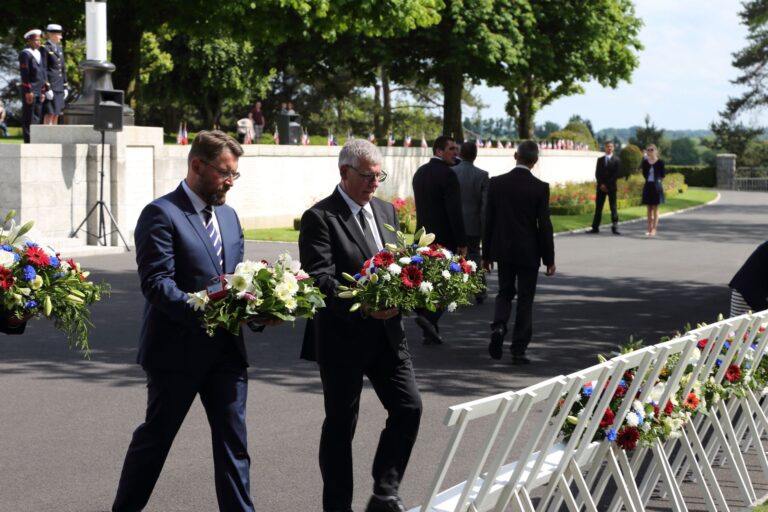 Local mayors laid wreaths at Brittany American Cemetery in France during the 2018 Memorial Day Ceremony. Image courtesy of Bernard Guénée.